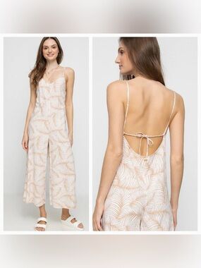 Roxy‎ Close To You Palm Print Cream Jumpsuit Light Orange Leaf Print Small